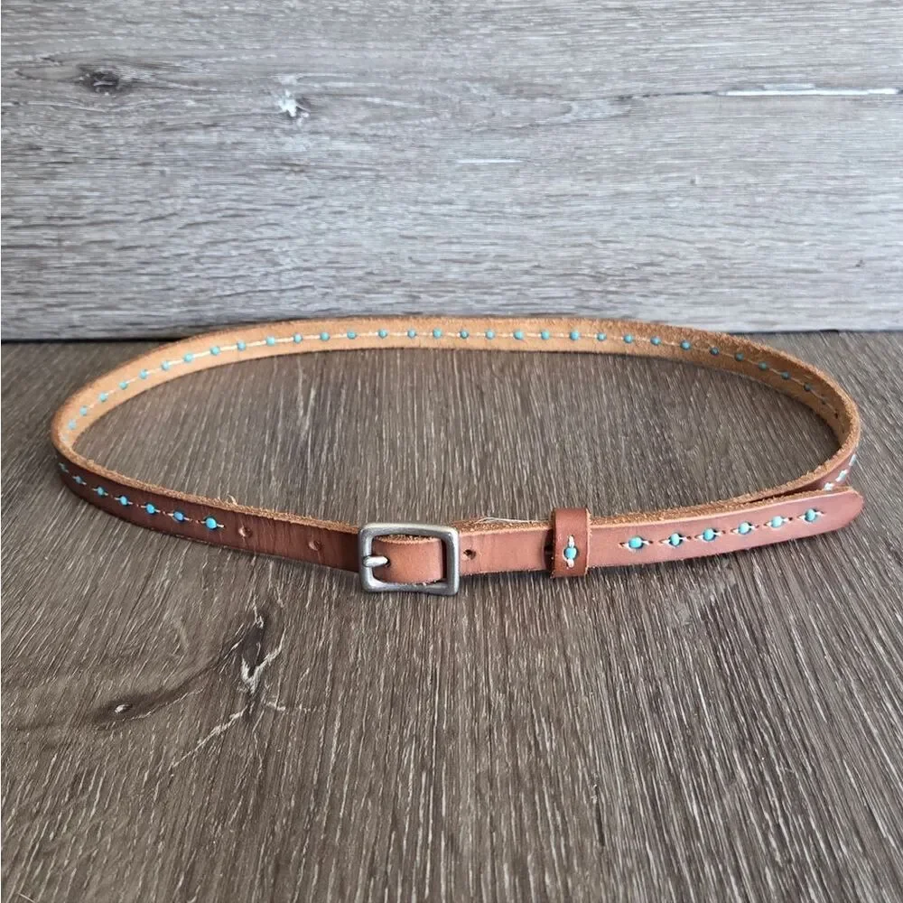 Target Brown Skinny Leather Belt with Turquoise Bead Accents Small